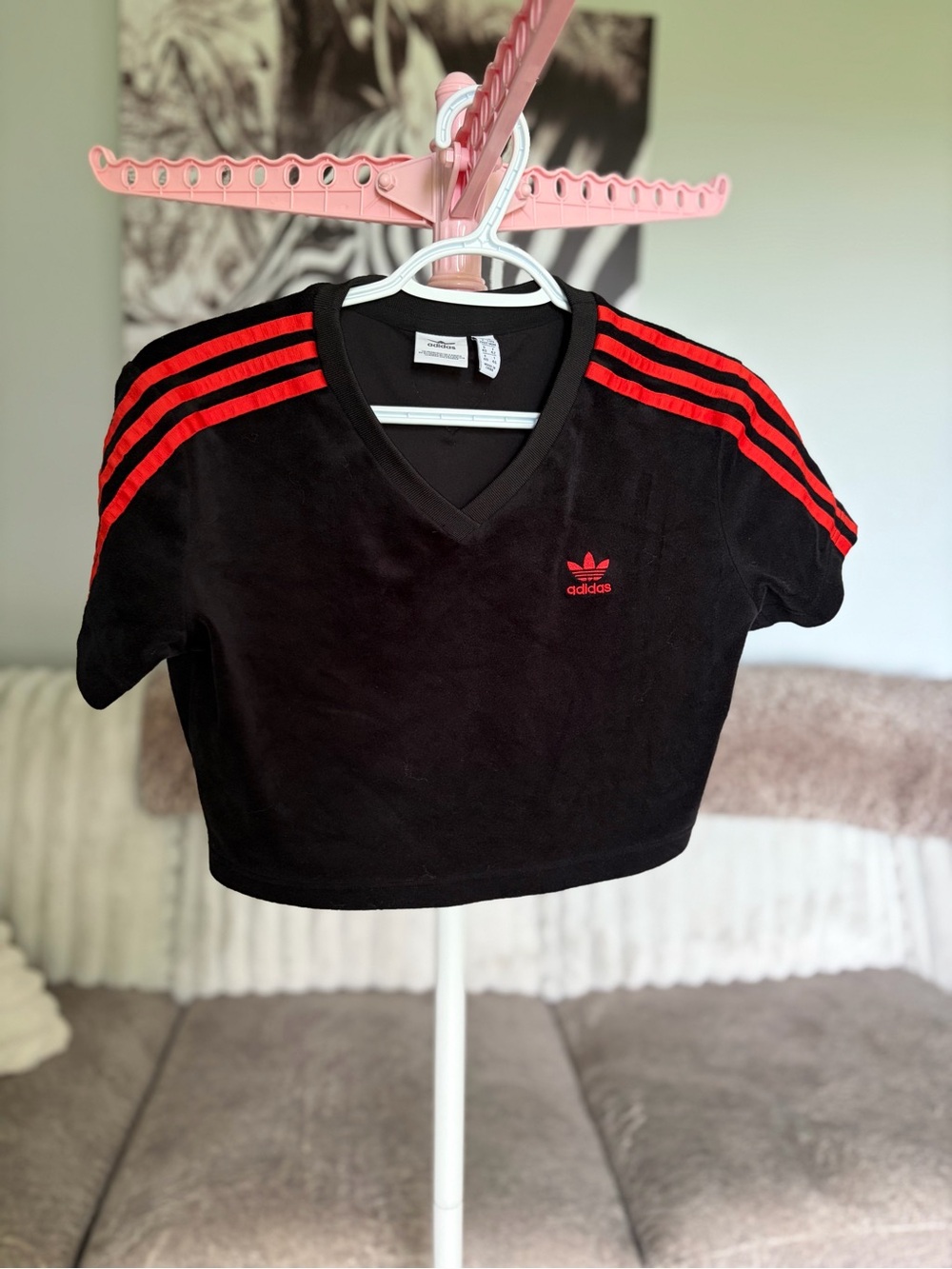 adidas Womenβs Black & Red V-Neck Cropped Tee